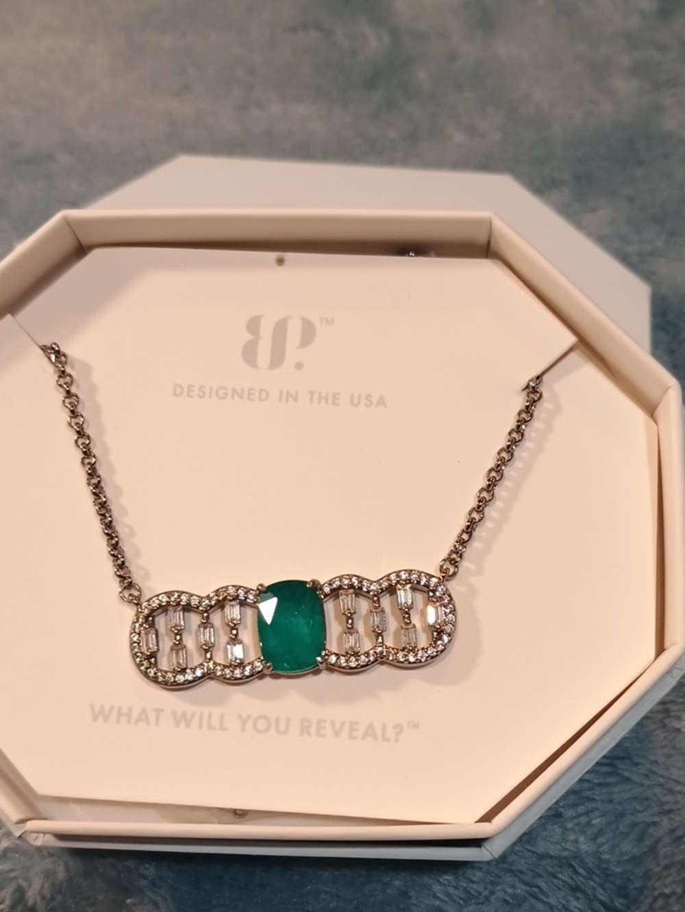 Bp Silver Necklace with Green Cushion Pendant and Crystal Accents